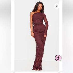 NWT- CHOCOLATE MESH BARDOT ONE SLEEVE MAXI DRESS